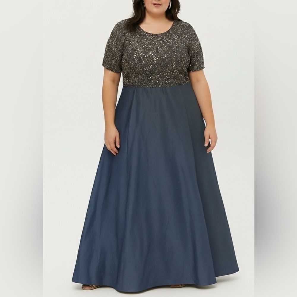 NWT Pisarro Night Beaded Sequin Bodice Mixed Media Taffeta Maxi Dress Grey 18